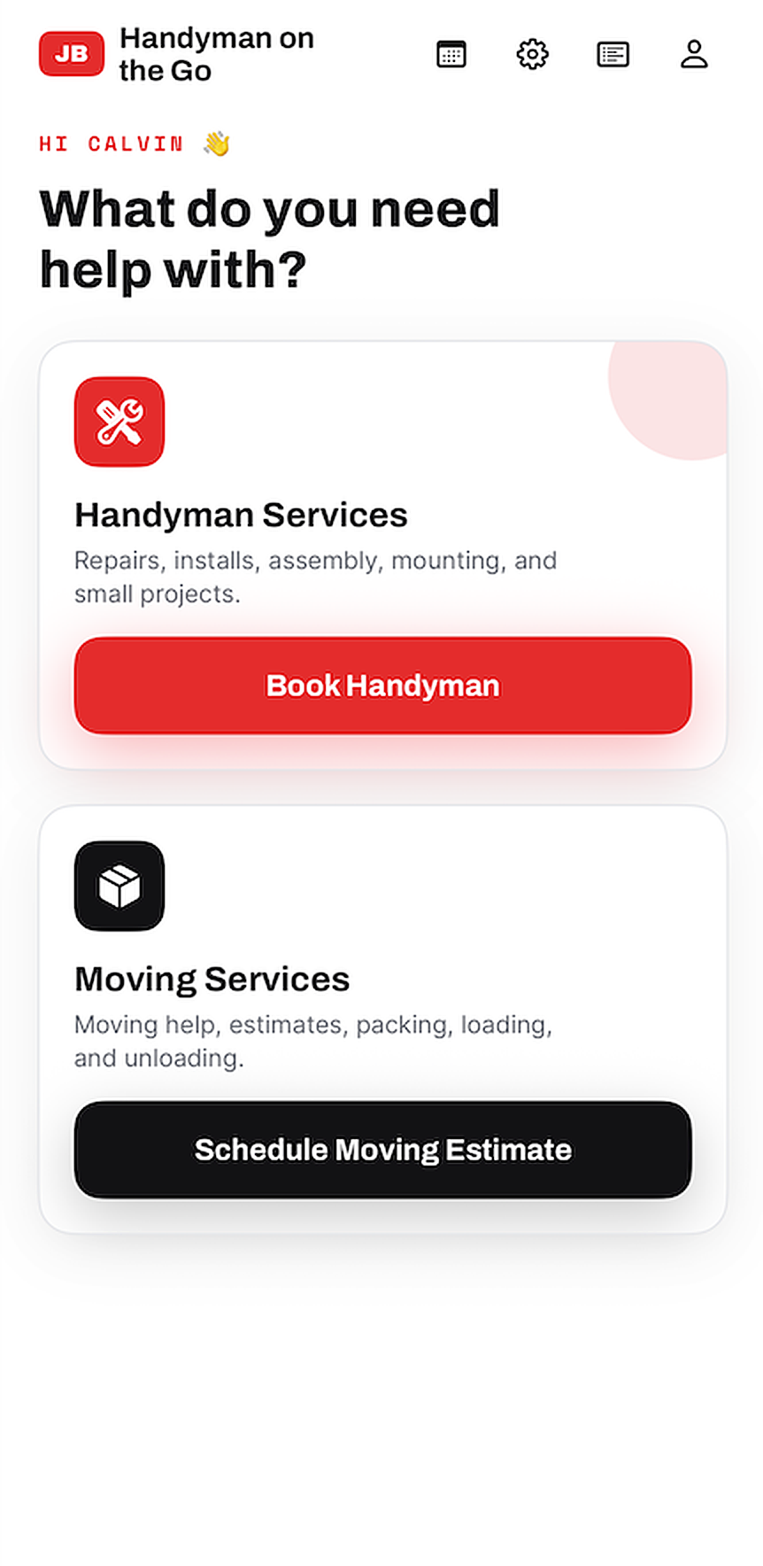 Handyman on the Go app home screen on iPhone, showing Handyman Services and Moving Services booking cards.